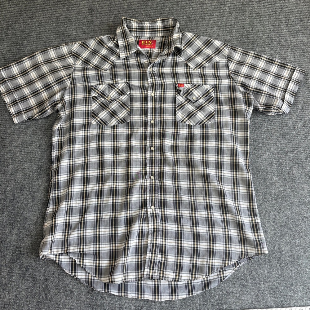 Ely Plains Mens Large Black Gray Plaid Short Sleeve Western Pearl Snap Shirt
